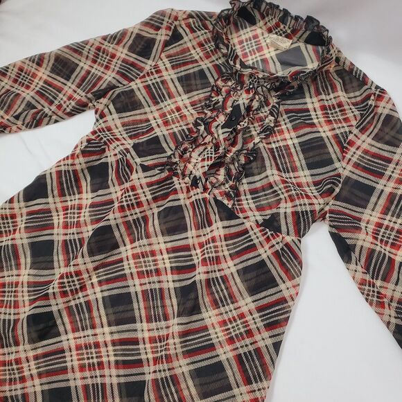 Daytrip By The Buckle BKE Womens Top L Plaid Ruffle Tie Sheer Poly Shirt Size - Picture 6 of 8